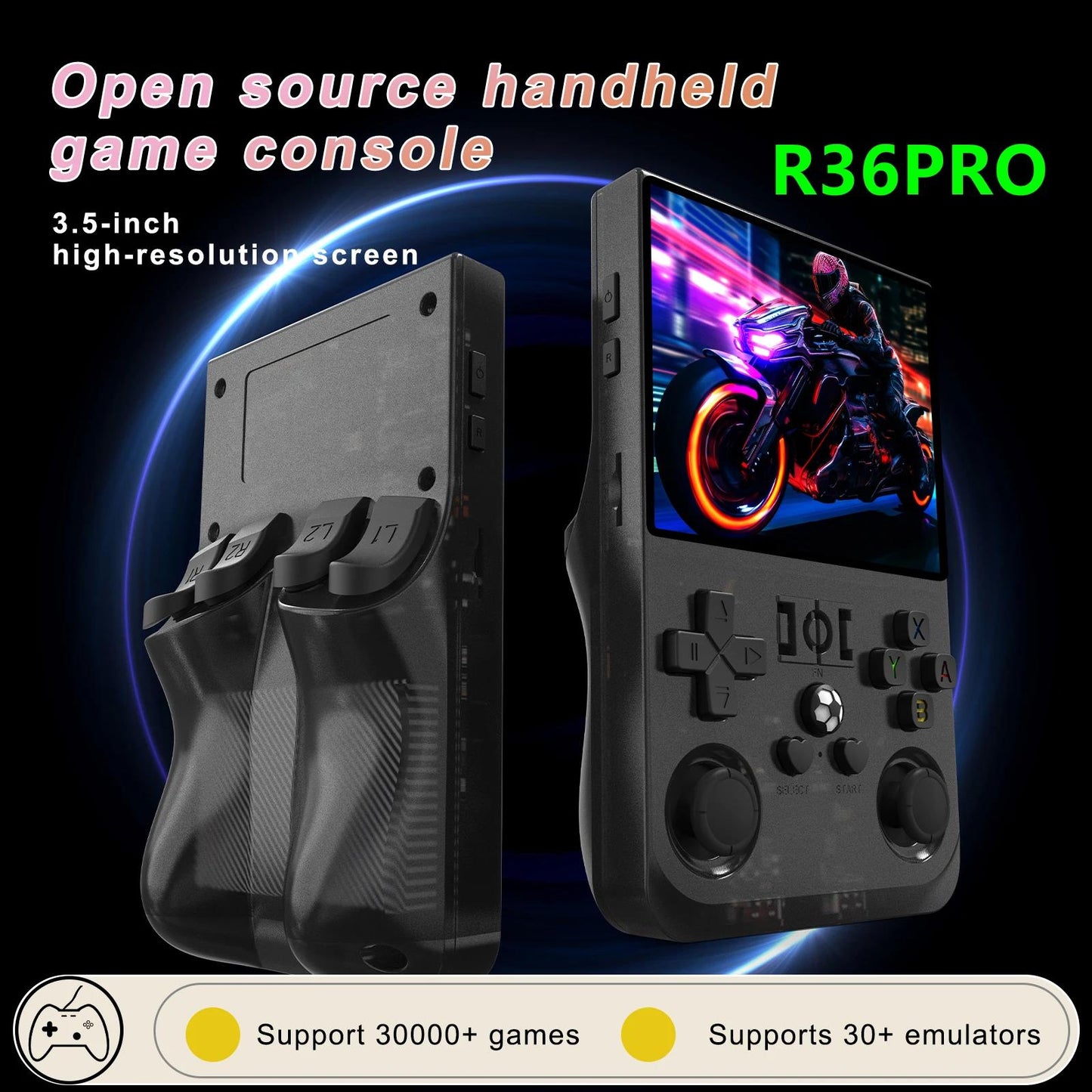 2025 Upgrade R36Pro Retro Handheld Game Console with 64GBuilt-in 18000+ Classic Games, Portable Video Gaming Console Linux System 4.0 Inch IPS Screen, 4000mAh Rechargeable Battery-Black