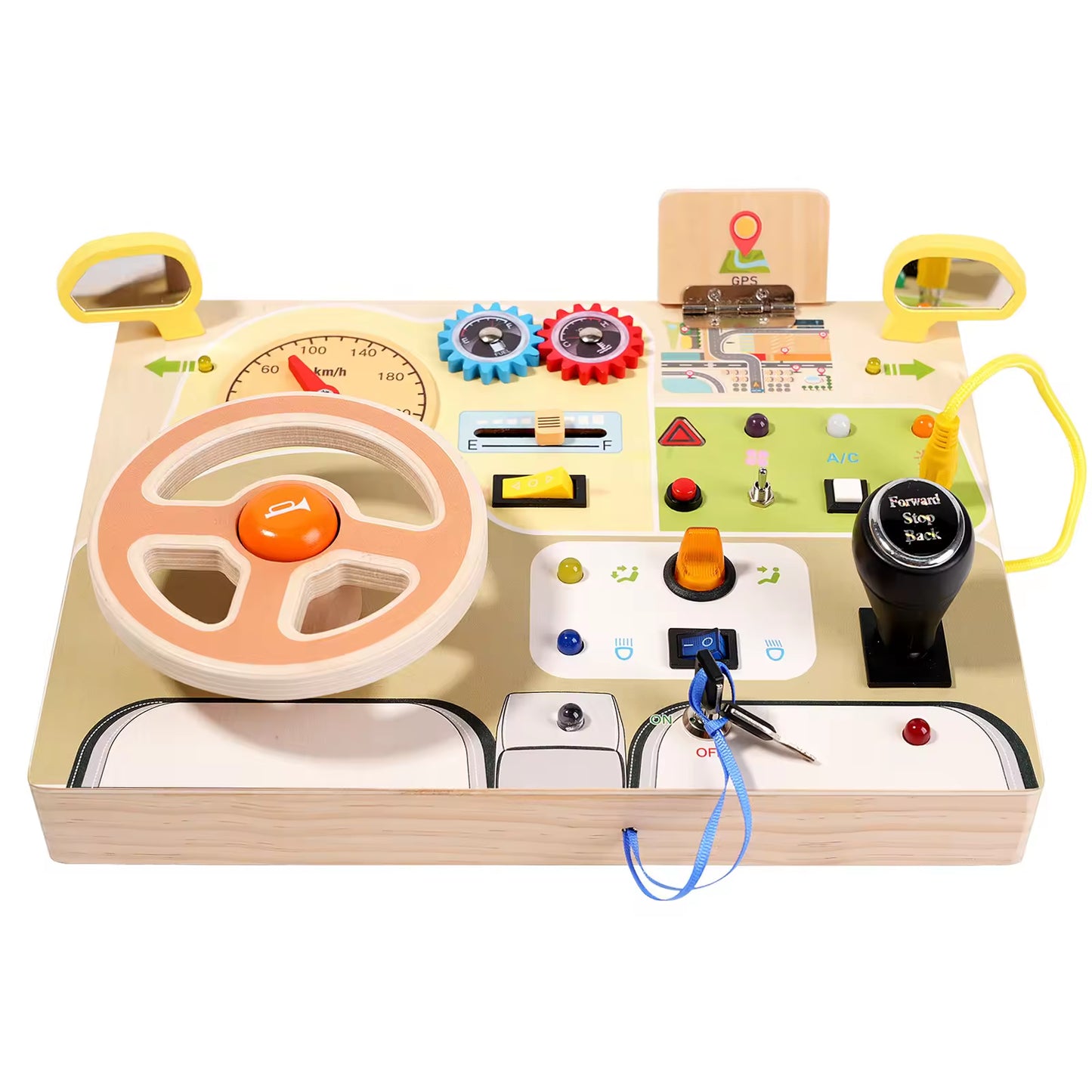 Sensory Toy with Simulated Steering Wheel and LED Light Switches - Wooden Circuit Busy Board for Toddlers - Perfect Travel Toy and Gift for Boys and Girls 3+ year old