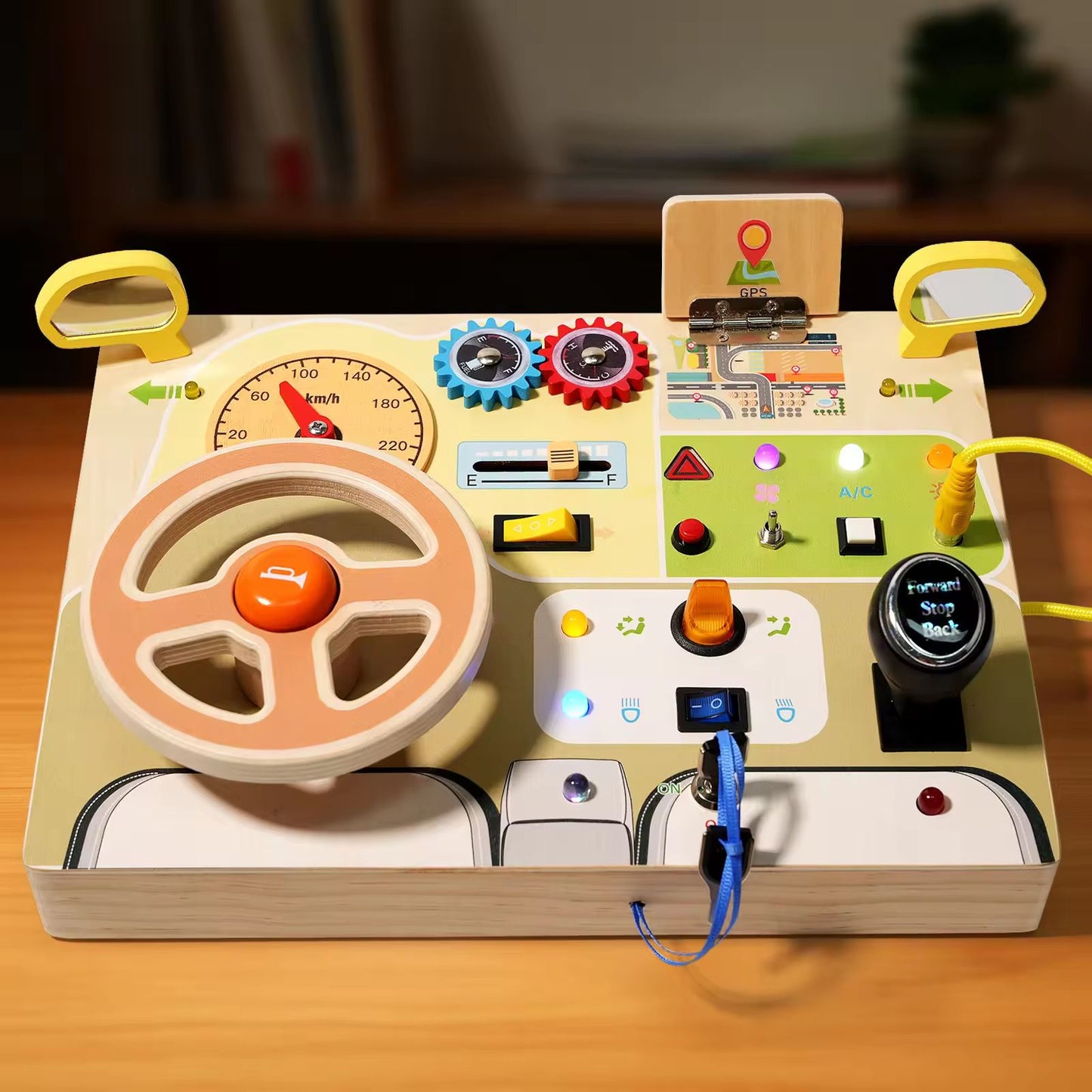 Sensory Toy with Simulated Steering Wheel and LED Light Switches - Wooden Circuit Busy Board for Toddlers - Perfect Travel Toy and Gift for Boys and Girls 3+ year old