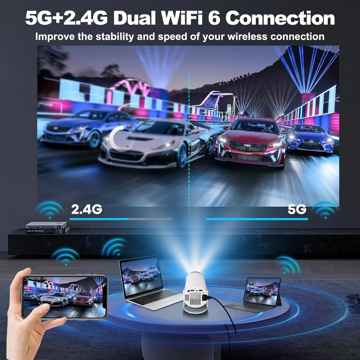 A4R Smart 4K Projector: 12000 Lumens, Native 1080P (Supports 4K), Android 13, 180° Rotation, Auto/Manual Focus, Dual-Band Wi-Fi 6, Bluetooth 5.2 - Your Ultimate Portable Movie Projector