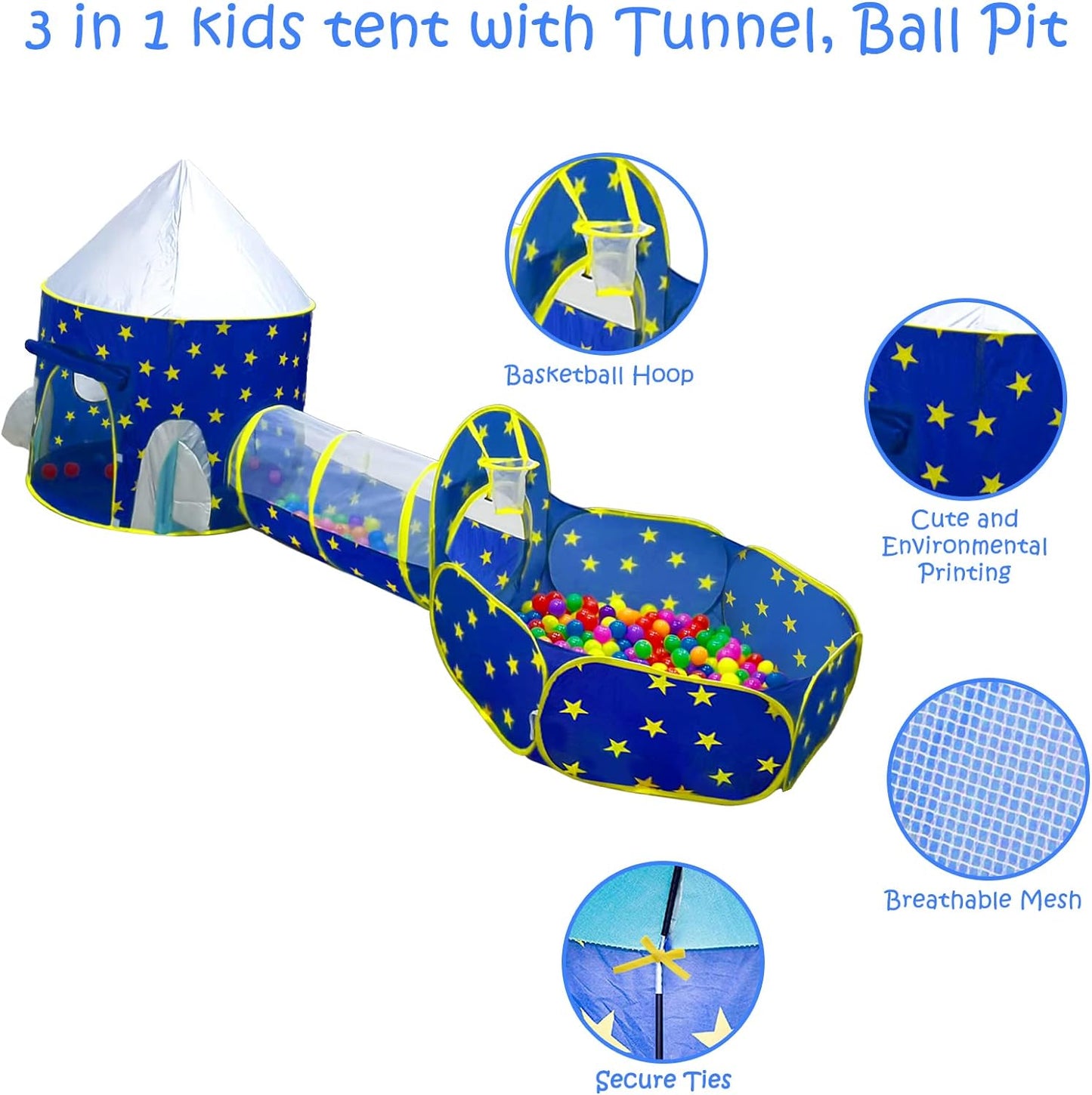 A4R 3pc Kids Play Tent for Boys with Ball Pit, Crawl Tunnel, Princess Tents for Toddlers, Baby Space World Playhouse Toys, Boys& Girls