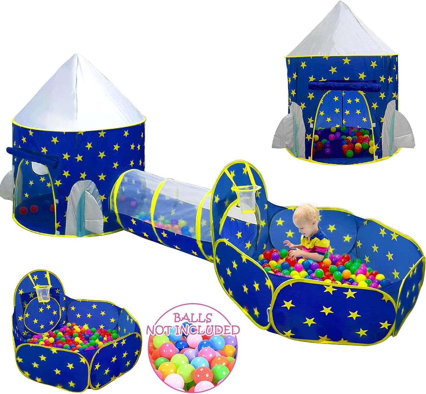 A4R 3pc Kids Play Tent for Boys with Ball Pit, Crawl Tunnel, Princess Tents for Toddlers, Baby Space World Playhouse Toys, Boys& Girls