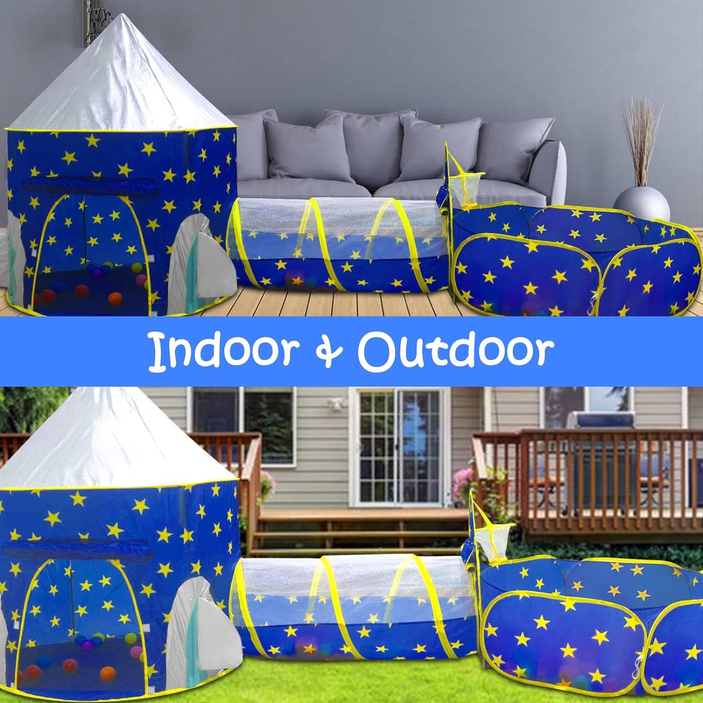 A4R 3pc Kids Play Tent for Boys with Ball Pit, Crawl Tunnel, Princess Tents for Toddlers, Baby Space World Playhouse Toys, Boys& Girls