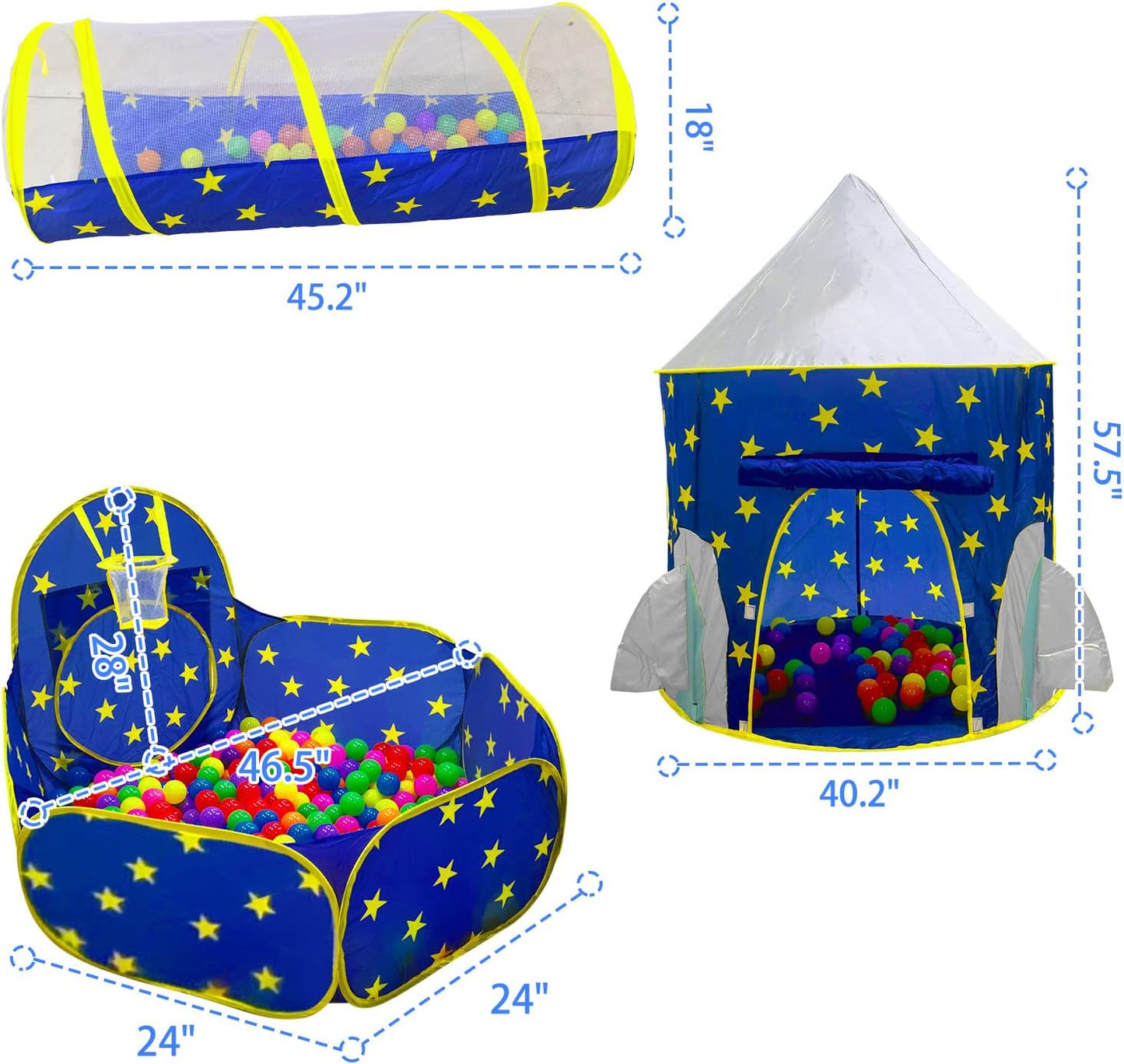 A4R 3pc Kids Play Tent for Boys with Ball Pit, Crawl Tunnel, Princess Tents for Toddlers, Baby Space World Playhouse Toys, Boys& Girls