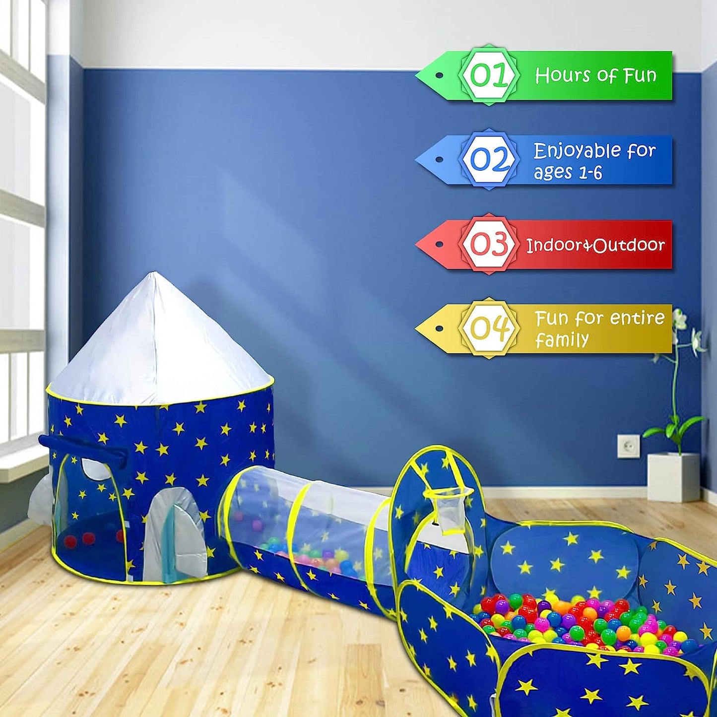A4R 3pc Kids Play Tent for Boys with Ball Pit, Crawl Tunnel, Princess Tents for Toddlers, Baby Space World Playhouse Toys, Boys& Girls