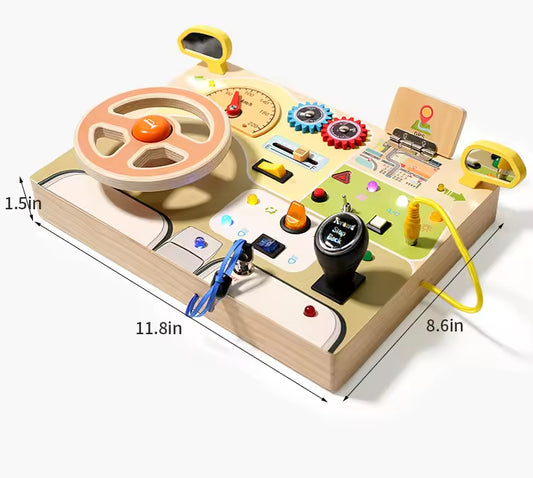 Sensory Toy with Simulated Steering Wheel and LED Light Switches - Wooden Circuit Busy Board for Toddlers - Perfect Travel Toy and Gift for Boys and Girls 3+ year old