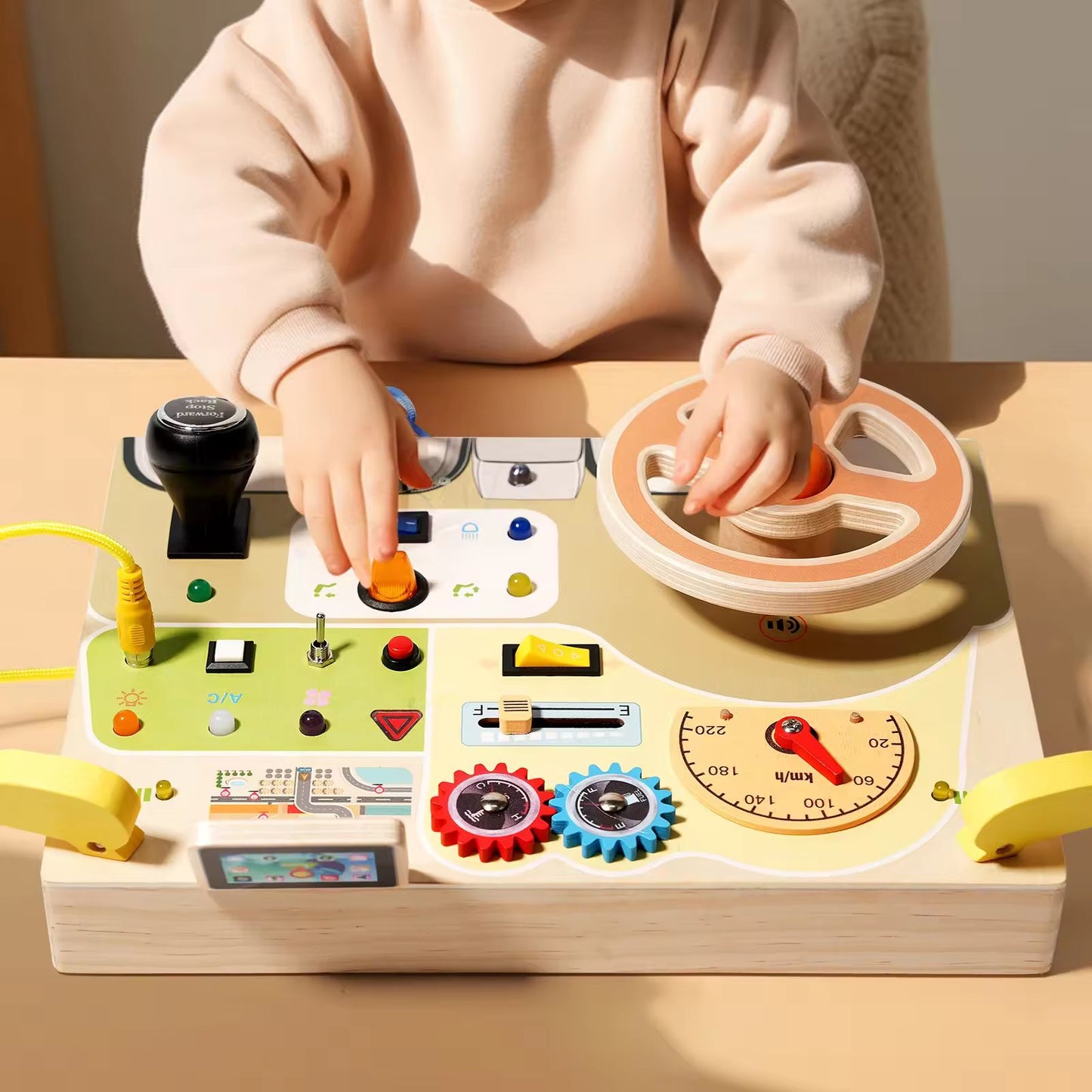 Sensory Toy with Simulated Steering Wheel and LED Light Switches - Wooden Circuit Busy Board for Toddlers - Perfect Travel Toy and Gift for Boys and Girls 3+ year old